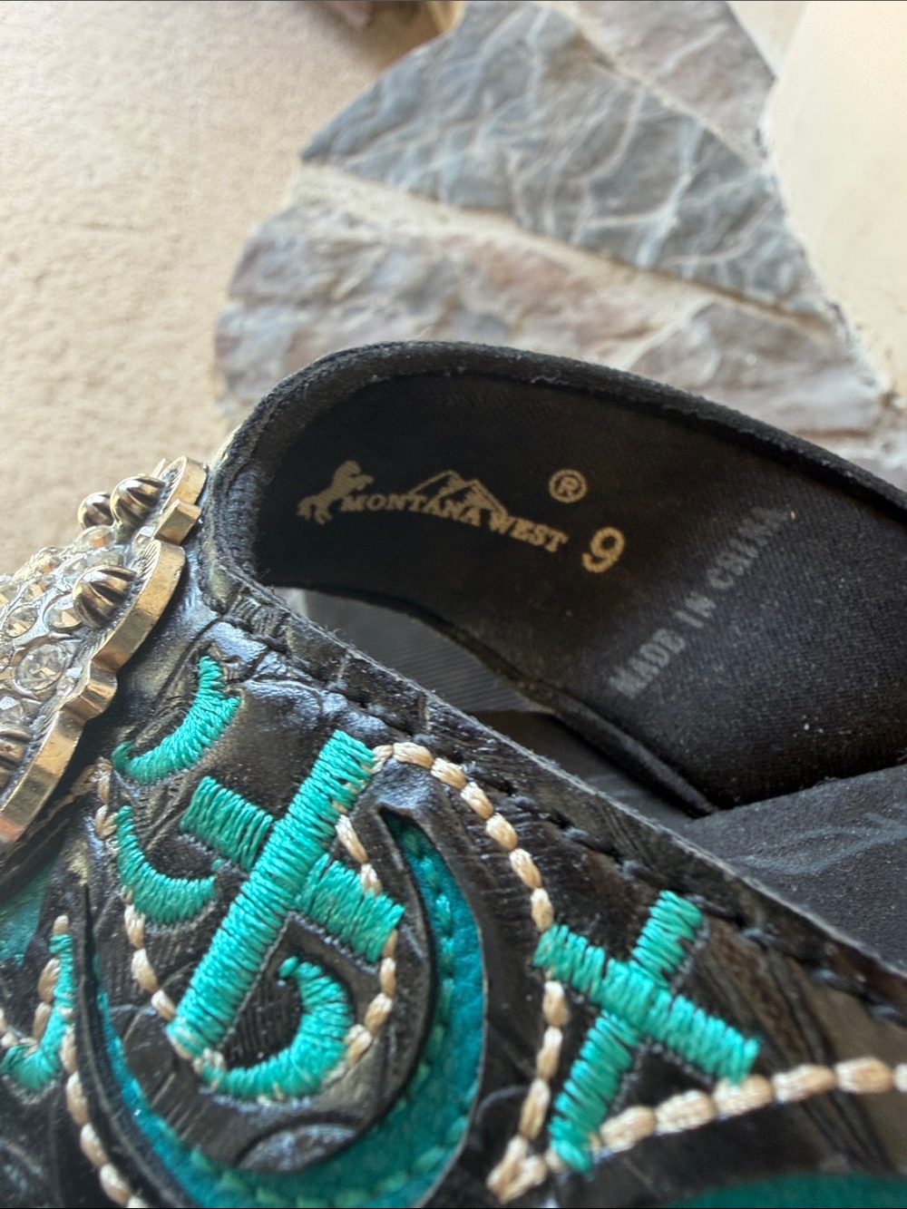 Montana West Black & Turquoise Floral Rhinestone Concho Wedge Sandals - Picture 4 of 6